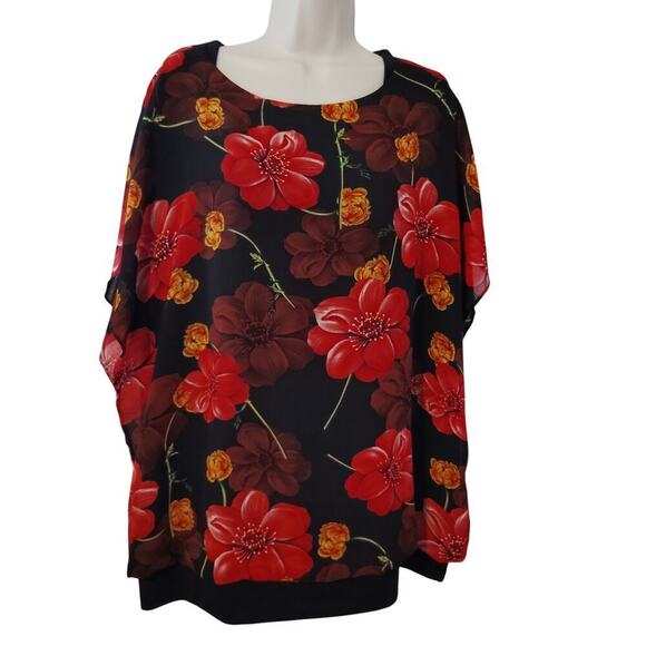 Viishow Women's Red Peony Short Sleeve Chiffon Blouse 3XL/22 New with Tags - Picture 1 of 6